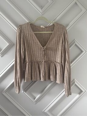 Peach Love California Taupe Ribbed V-Neck Tie-Front Peplum Sweater